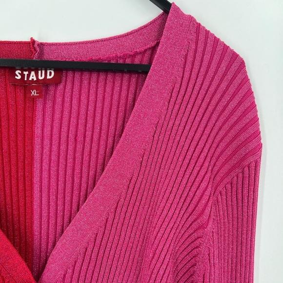 Staud Cargo Two Tone Rib Knit Metallic Sweater Cardigan In Lava & Peony - Picture 5 of 8